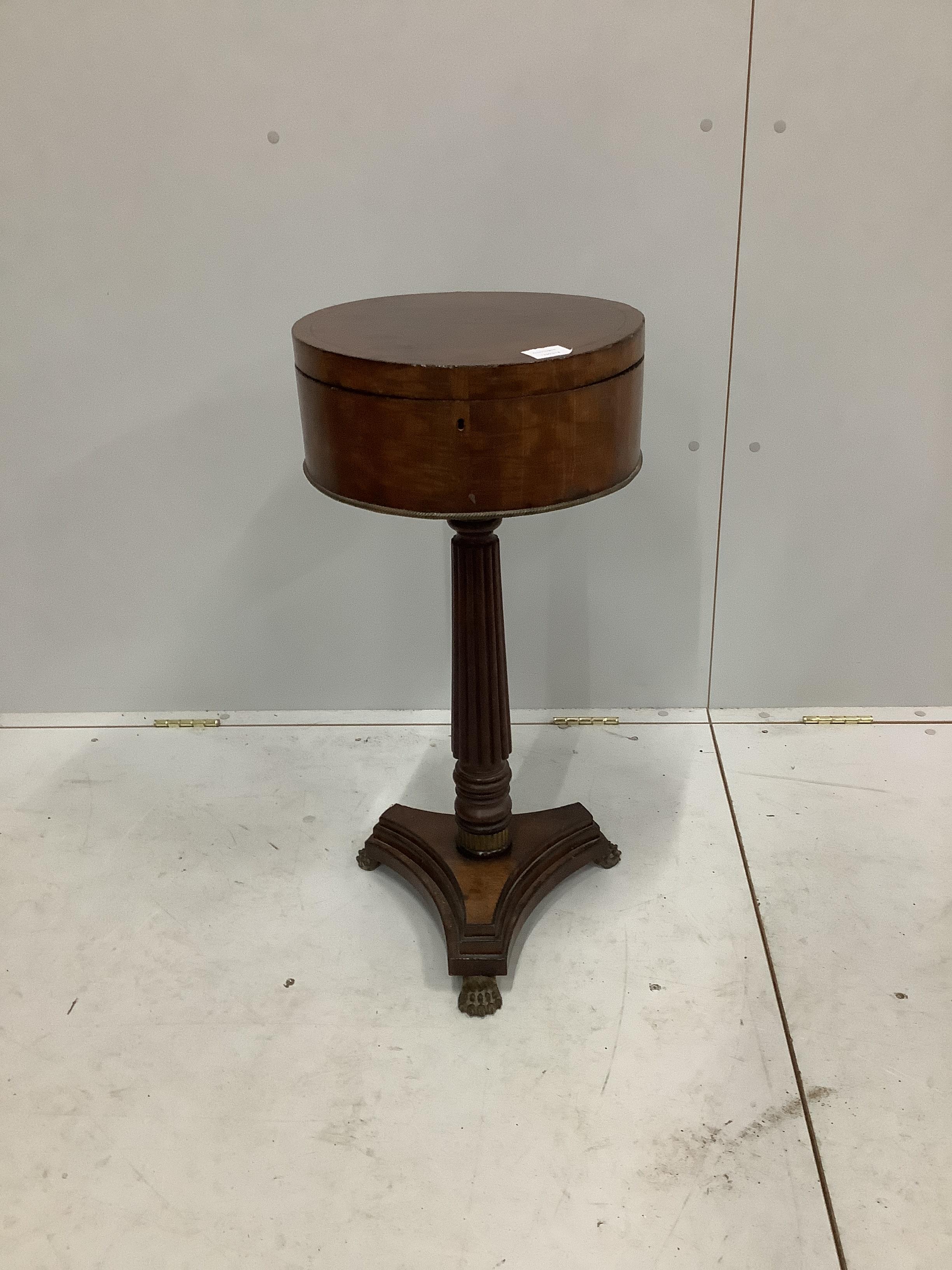 A Regency circular mahogany teapoy, diameter 36cm, height 76cm